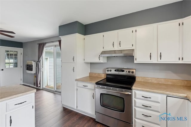 10540 Veler Rd, Curtice, OH 43412 - kitchen featuring stainless steel electric range oven, under cabinet range hood, light countertops, and white cabinets