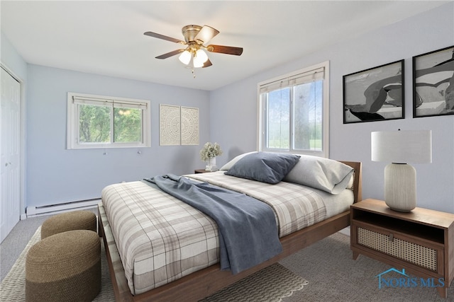10540 Veler Rd, Curtice, OH 43412 - bedroom featuring a baseboard heating unit, a closet, and a ceiling fan