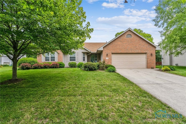 209 E Sawmill Rd, Findlay, OH 45840 - single story home with an attached garage, brick siding, concrete driveway, and a front lawn