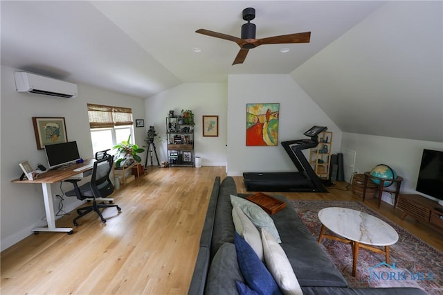5243 Flanders Rd, Toledo, OH 43623 - office area with a wall mounted air conditioner, lofted ceiling, a ceiling fan, light wood-style floors, and baseboards