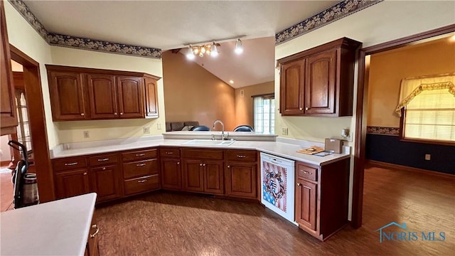 12327 Buckeye Dr, Paulding, OH 45879 - kitchen with dark wood-style floors, light countertops, lofted ceiling, and white dishwasher