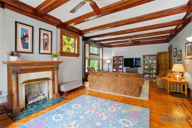 1100 S Main St, Findlay, OH 45840 - living area featuring a ceiling fan and beam ceiling