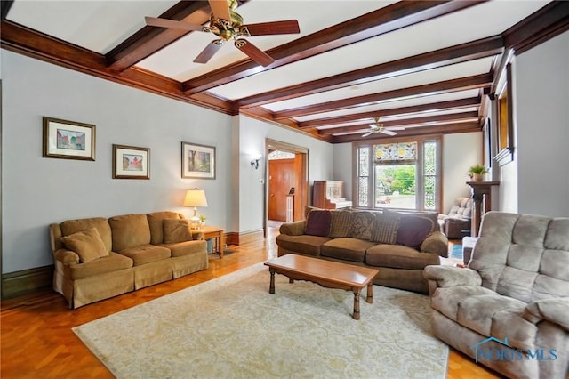 1100 S Main St, Findlay, OH 45840 - living room with ceiling fan, beamed ceiling, and baseboards