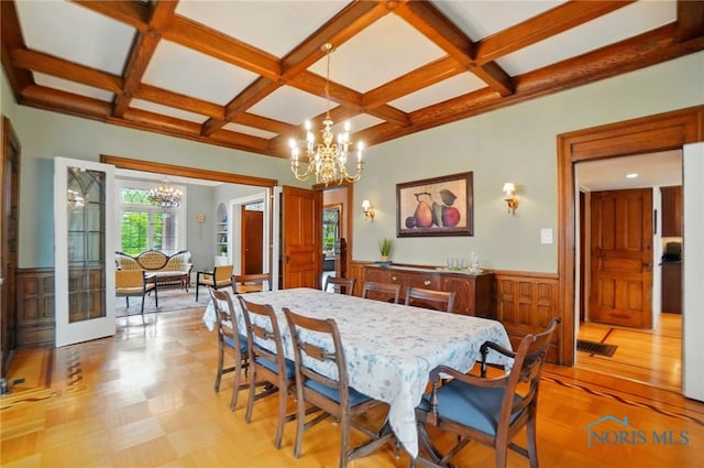 1100 S Main St, Findlay, OH 45840 - dining area with a chandelier, coffered ceiling, beam ceiling, and wainscoting