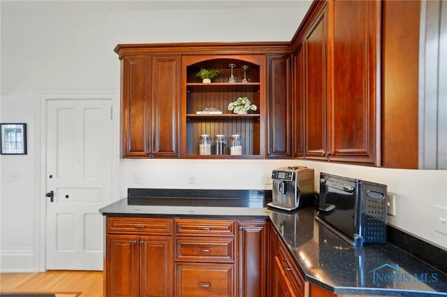 1100 S Main St, Findlay, OH 45840 - kitchen with dark stone countertops and open shelves