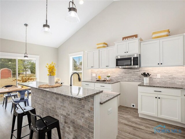 4015 E Plaza Blvd, Northwood, OH 43619 - kitchen with stainless steel microwave, light stone countertops, white cabinets, light wood finished floors, and high vaulted ceiling