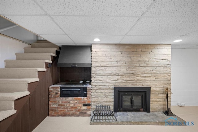 4550 W Sylvania Ave, Toledo, OH 43623 - living room with a paneled ceiling, a glass covered fireplace, and stairs
