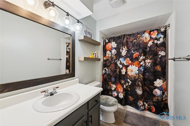 513 Bay River Ct, Maumee, OH 43537 - bathroom with toilet, vanity, wood finished floors, and a shower with shower curtain