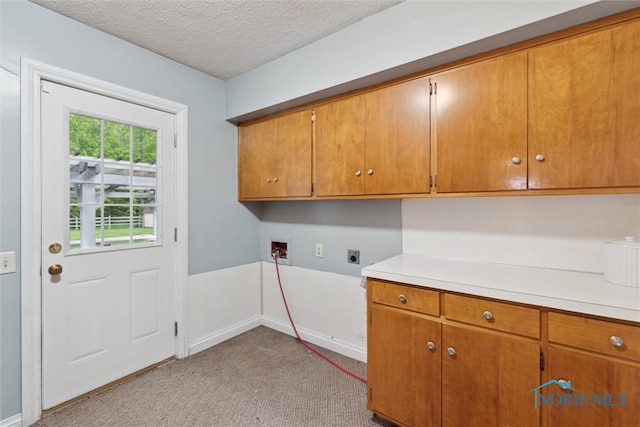 21265 State Route 2, Archbold, OH 43502 - laundry area featuring hookup for an electric dryer, cabinet space, washer hookup, light colored carpet, and a textured ceiling