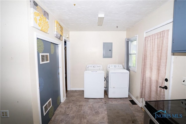 1702 E Hopkins St, Defiance, OH 43512 - laundry room with electric panel, washer and dryer, baseboards, and a textured ceiling