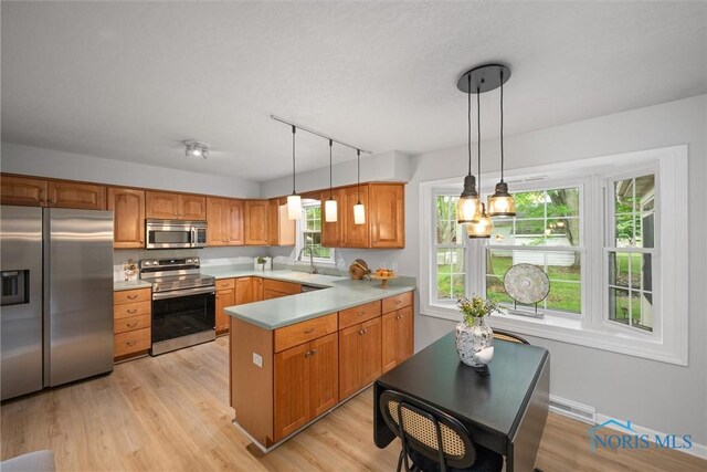 1956 Thornapple Dr, Toledo, OH 43614 - kitchen with appliances with stainless steel finishes, a peninsula, light wood-style flooring, and light countertops