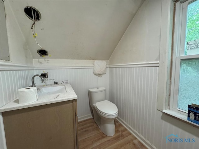 1226 Champe Rd, Toledo, OH 43615 - half bathroom with wood finished floors, lofted ceiling, toilet, vanity, and a wainscoted wall