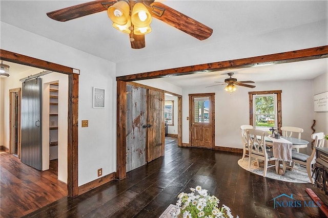 4279 Defiance Pike, Wayne, OH 43466 - dining area with a ceiling fan, baseboards, hardwood / wood-style floors, and beamed ceiling