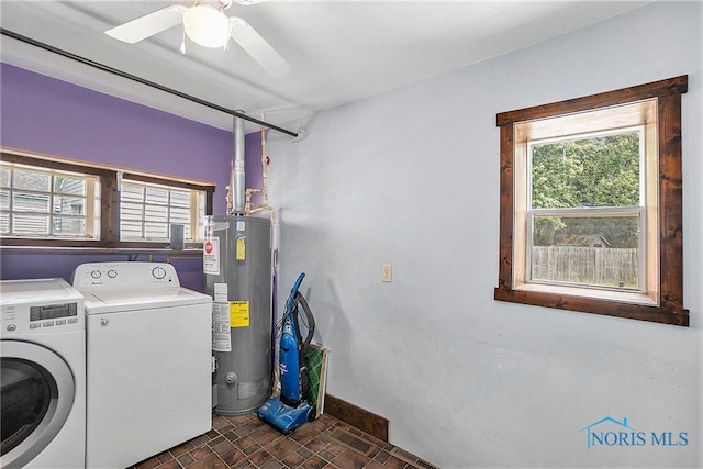 4279 Defiance Pike, Wayne, OH 43466 - washroom featuring water heater, washer and clothes dryer, baseboards, and a ceiling fan