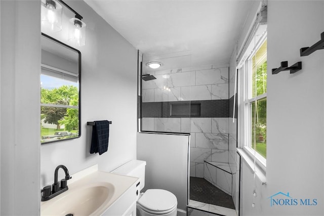 119 Mallard Rd, Perrysburg, OH 43551 - bathroom with a marble finish shower, vanity, toilet, and plenty of natural light
