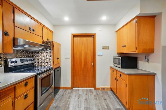 1306 N Union St, Fostoria, OH 44830 - kitchen featuring appliances with stainless steel finishes, under cabinet range hood, light wood finished floors, backsplash, and baseboards