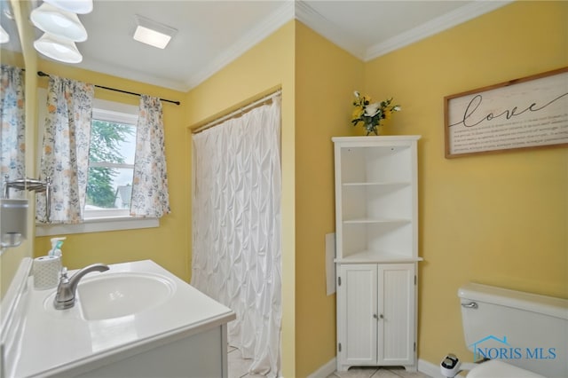 404 W Yates Ave, Findlay, OH 45840 - bathroom with vanity, ornamental molding, toilet, tile patterned flooring, and a shower with curtain