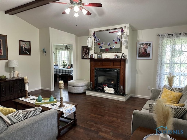 20515 Lockwood Rd, Defiance, OH 43512 - living room featuring a ceiling fan, a warm lit fireplace, wood finished floors, and baseboards