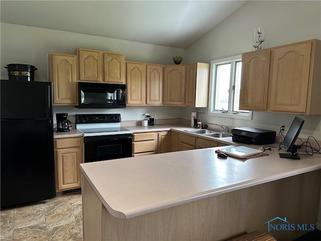 20515 Lockwood Rd, Defiance, OH 43512 - kitchen featuring black appliances, light brown cabinetry, a sink, lofted ceiling, and a peninsula