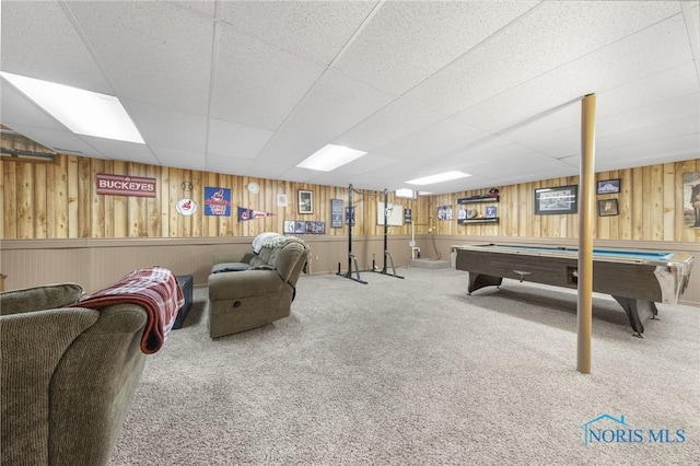 9389 County Road N2, Napoleon, OH 43535 - game room featuring carpet flooring, pool table, wood walls, and a drop ceiling