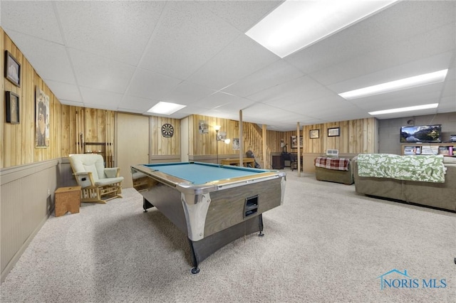 9389 County Road N2, Napoleon, OH 43535 - game room with wooden walls, billiards, a drop ceiling, and carpet