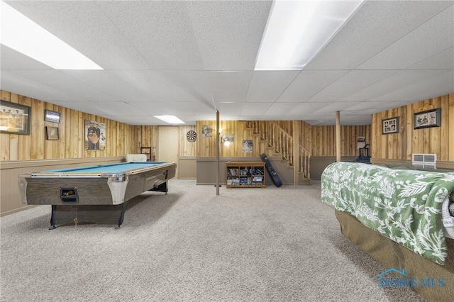 9389 County Road N2, Napoleon, OH 43535 - game room with wood walls, carpet, billiards table, and a paneled ceiling