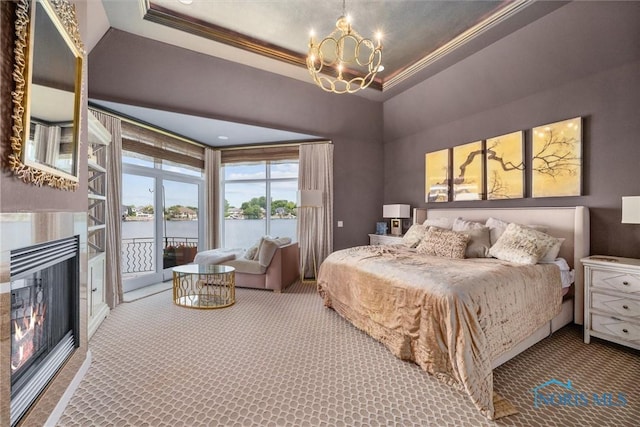 3051 Deep Water Ln, Maumee, OH 43537 - bedroom with crown molding, access to outside, a water view, carpet, and a chandelier
