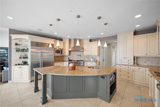 3051 Deep Water Ln, Maumee, OH 43537 - kitchen with wall chimney range hood, built in appliances, open shelves, backsplash, and recessed lighting