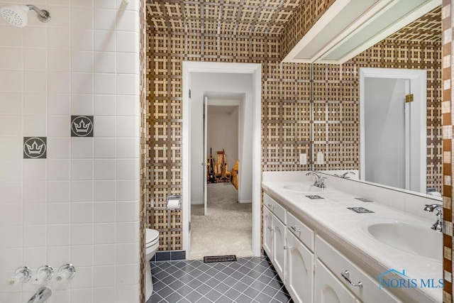 4123 Shamley Green Dr, Toledo, OH 43623 - bathroom featuring double vanity, wallpapered walls, toilet, and tile patterned floors