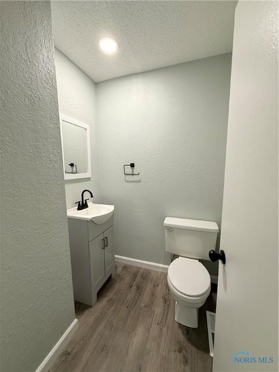 2655 101st St, Toledo, OH 43611 - bathroom featuring a textured wall, vanity, wood finished floors, toilet, and a textured ceiling
