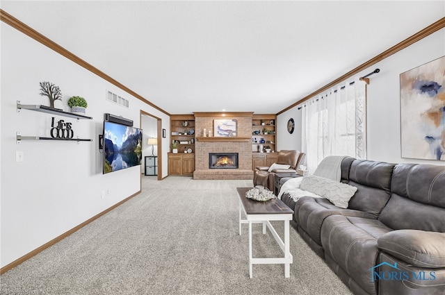 8225 Hidden Forest Dr, Holland, OH 43528 - living room with crown molding, built in shelves, light colored carpet, baseboards, and a brick fireplace