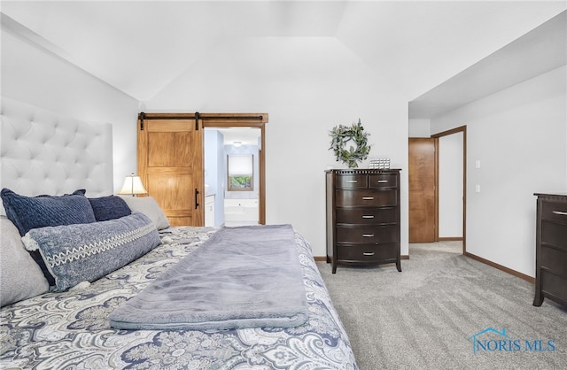 8225 Hidden Forest Dr, Holland, OH 43528 - bedroom with a barn door, light carpet, connected bathroom, baseboards, and high vaulted ceiling