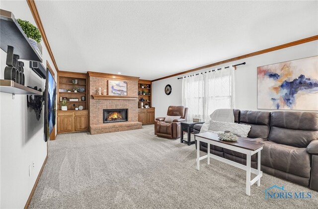 8225 Hidden Forest Dr, Holland, OH 43528 - living room with carpet, ornamental molding, a brick fireplace, built in features, and a textured ceiling