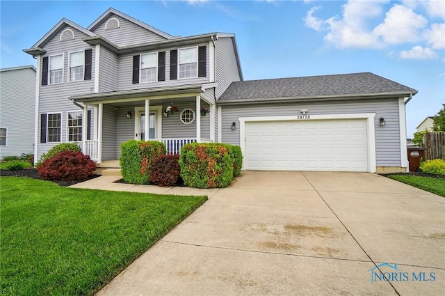 28178 Schriber St, Walbridge, OH 43465 - traditional-style house featuring a porch, concrete driveway, a front lawn, and an attached garage
