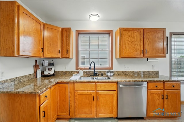 28178 Schriber St, Walbridge, OH 43465 - kitchen with stainless steel dishwasher, a sink, stone countertops, and brown cabinets