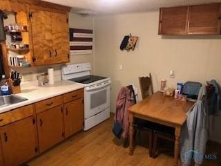 129 Central Ave, North Baltimore, OH 45872 - kitchen with white electric stove, light wood finished floors, brown cabinetry, light countertops, and a sink