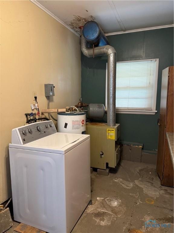 108 E Maple St, Deshler, OH 43516 - washroom with washer / clothes dryer, electric water heater, and ornamental molding