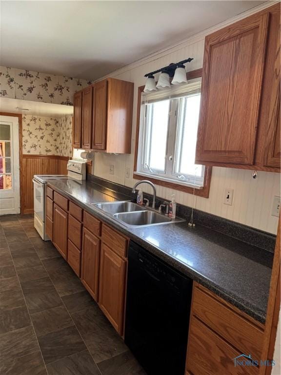 108 E Maple St, Deshler, OH 43516 - kitchen featuring dishwasher, a sink, white electric stove, a wainscoted wall, and dark countertops