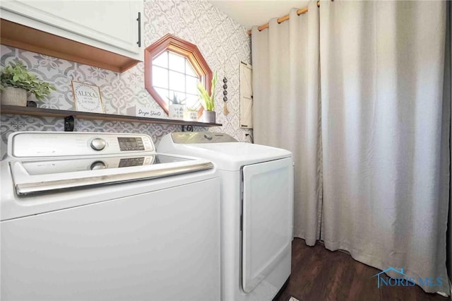 16070 Rd S, Columbus Grove, OH 45830 - laundry room featuring wallpapered walls, cabinet space, washer and clothes dryer, and dark wood-style floors