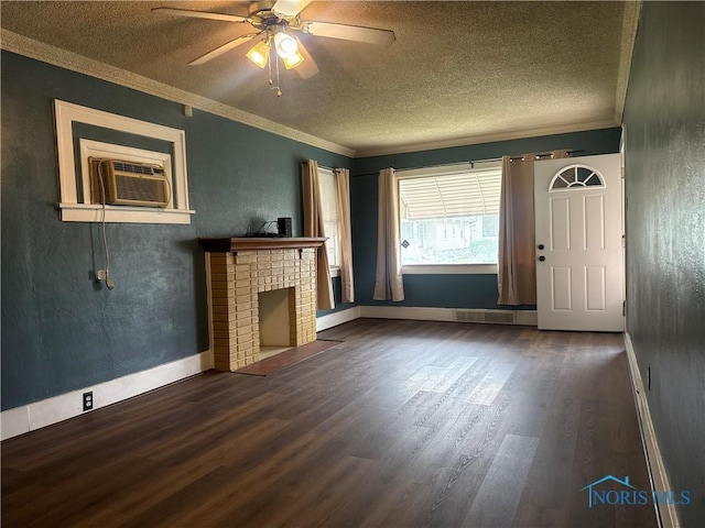 1726 Balkan Pl, Toledo, OH 43613 - unfurnished living room with wood finished floors, a textured ceiling, crown molding, a ceiling fan, and a fireplace