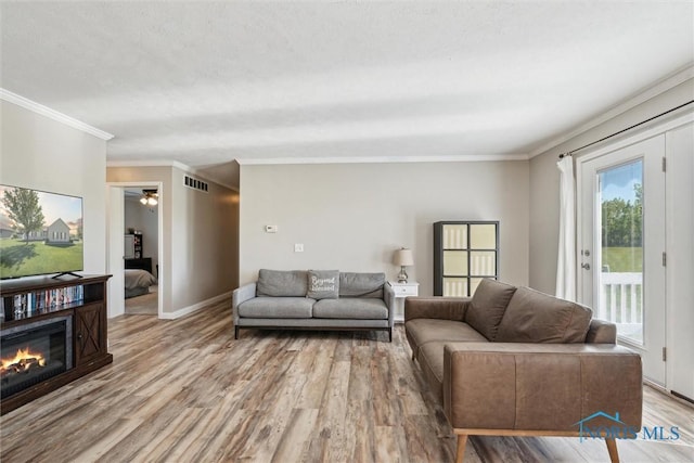 1250 Indiana Ave, Napoleon, OH 43545 - living room with crown molding, wood finished floors, a glass covered fireplace, baseboards, and ceiling fan