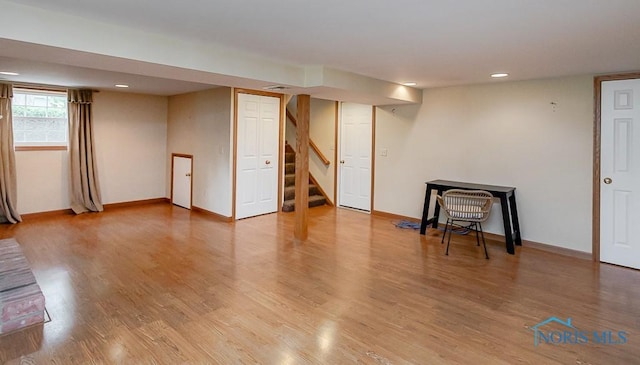 1201 Birch Ave, Maumee, OH 43537 - basement with stairway, wood finished floors, recessed lighting, and baseboards