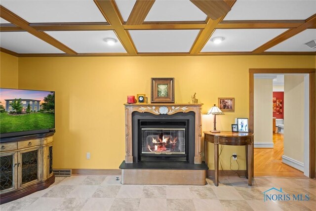 26741 Green Ville Dr, Perrysburg, OH 43551 - living area with coffered ceiling, baseboards, a high end fireplace, beamed ceiling, and crown molding