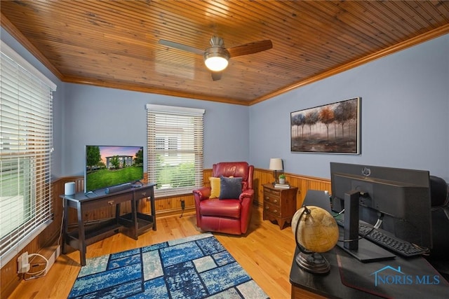 26741 Green Ville Dr, Perrysburg, OH 43551 - home office with crown molding, a wainscoted wall, wooden ceiling, a ceiling fan, and wood finished floors