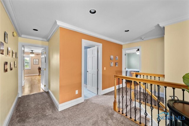 26741 Green Ville Dr, Perrysburg, OH 43551 - hall featuring an upstairs landing, ornamental molding, baseboards, carpet flooring, and recessed lighting