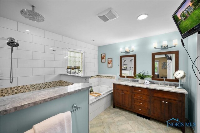 26741 Green Ville Dr, Perrysburg, OH 43551 - bathroom with a bath, double vanity, a tile shower, and recessed lighting