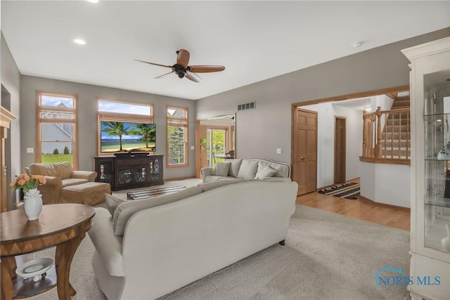 4729 Talon Trl, Maumee, OH 43537 - living area with ceiling fan, wood finished floors, stairs, and recessed lighting