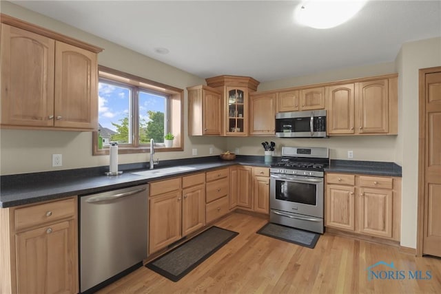 4729 Talon Trl, Maumee, OH 43537 - kitchen featuring appliances with stainless steel finishes, a sink, glass insert cabinets, light wood-type flooring, and dark countertops