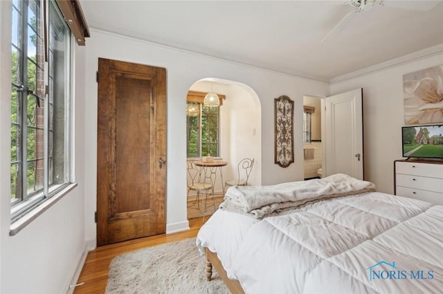 2256 Barrington Dr, Toledo, OH 43606 - bedroom with arched walkways, multiple windows, and light wood-style flooring
