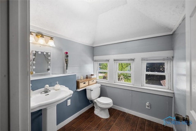 451 Toledo St, Elmore, OH 43416 - bathroom featuring lofted ceiling, toilet, wood finished floors, and baseboards